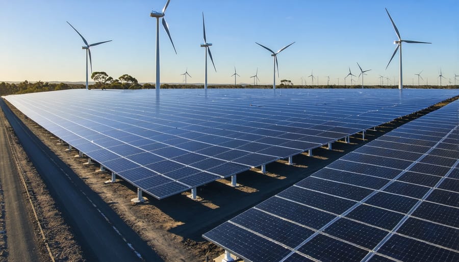 Aerial view of wind turbines and solar panels in Australian landscape at sunset