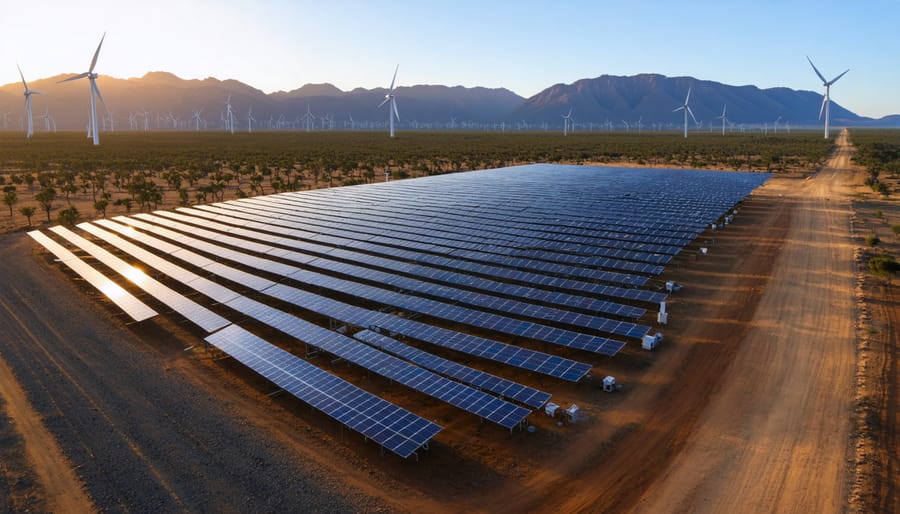 "Wide view of wind turbines and solar panels spread across an Australian landscape at sunset, representing renewable energy investments."