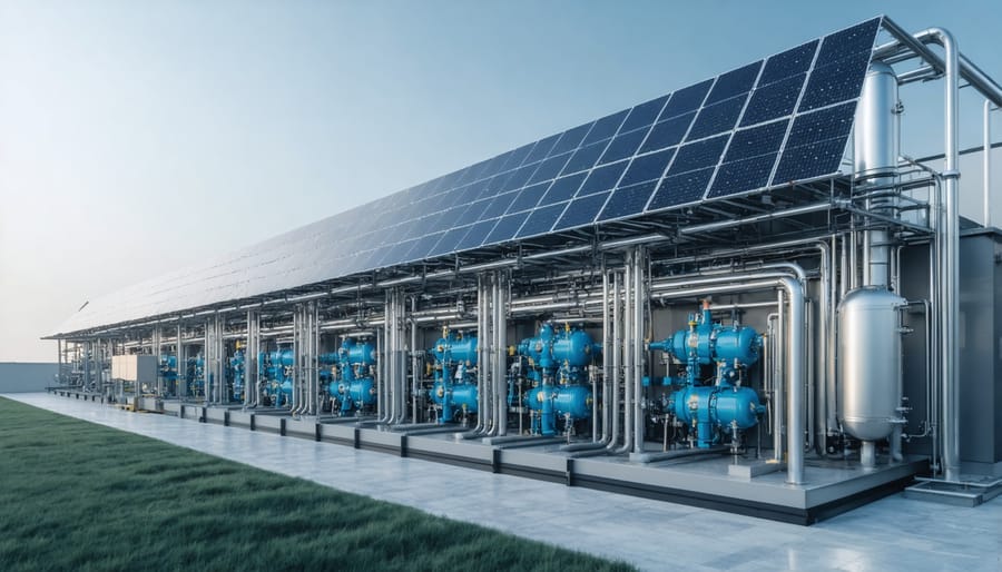 Large-scale solar farm connected to hydrogen production facility with storage tanks