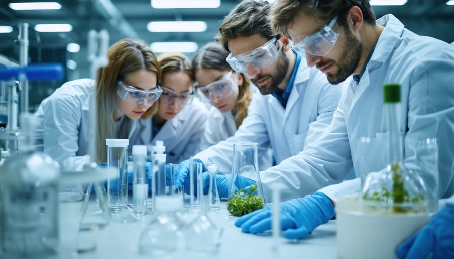 "Diverse team of researchers working together in a modern laboratory on bioenergy experiments, with scientific equipment in the background."