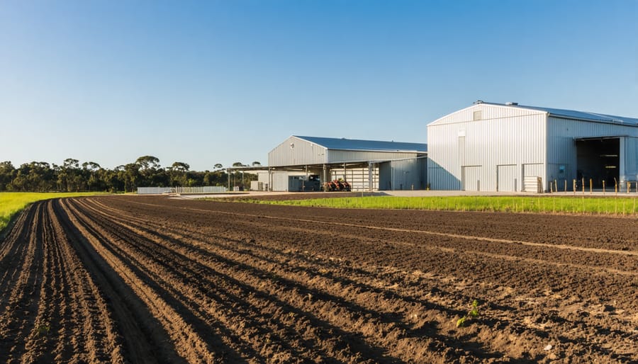 Modern bioenergy facility surrounded by farmland during sunset