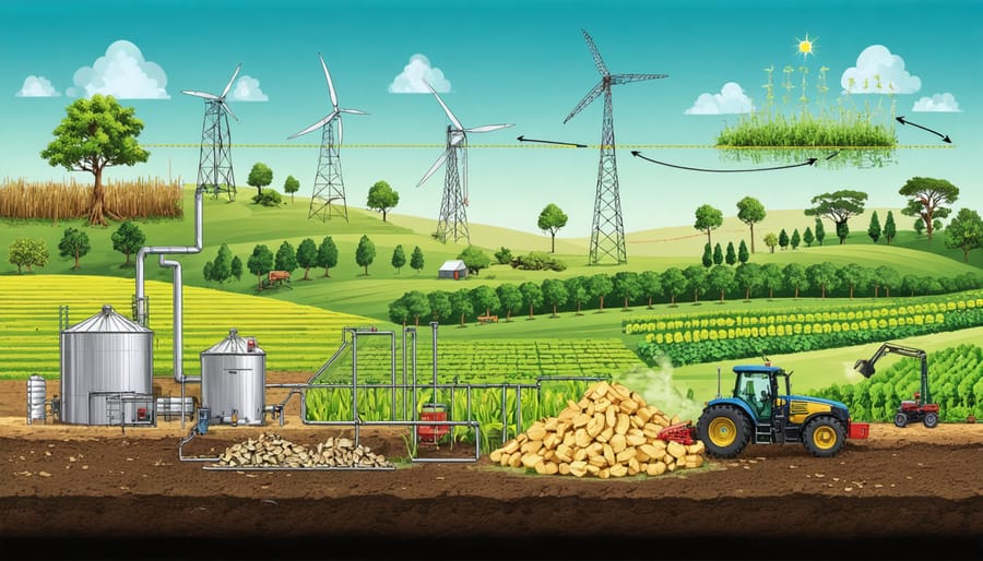 Conceptual illustration showing the transformation of agricultural biomass into resources for soil health and renewable energy, featuring crop residues, biochar production, and Australian landscapes.