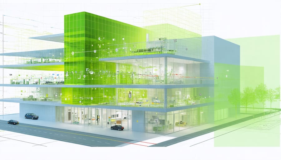 Digital dashboard displaying smart building energy management system with grid integration metrics