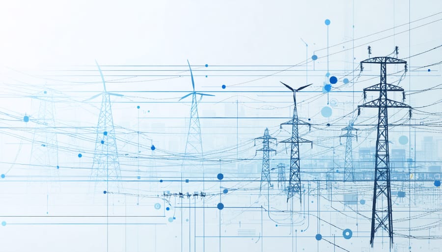 3D visualization showing smart grid infrastructure connecting solar panels, wind turbines, and power distribution centers