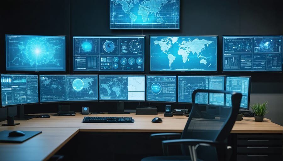 Cybersecurity professionals monitoring smart grid security systems in a control room