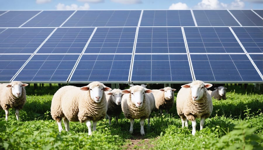 Aerial view of solar panels with sheep grazing between rows