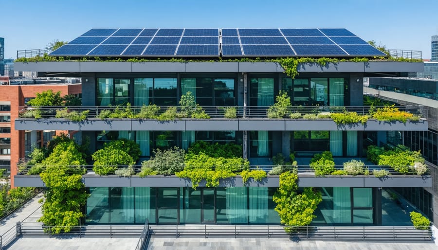 Aerial view of building rooftop with solar panels installed alongside green roof plants