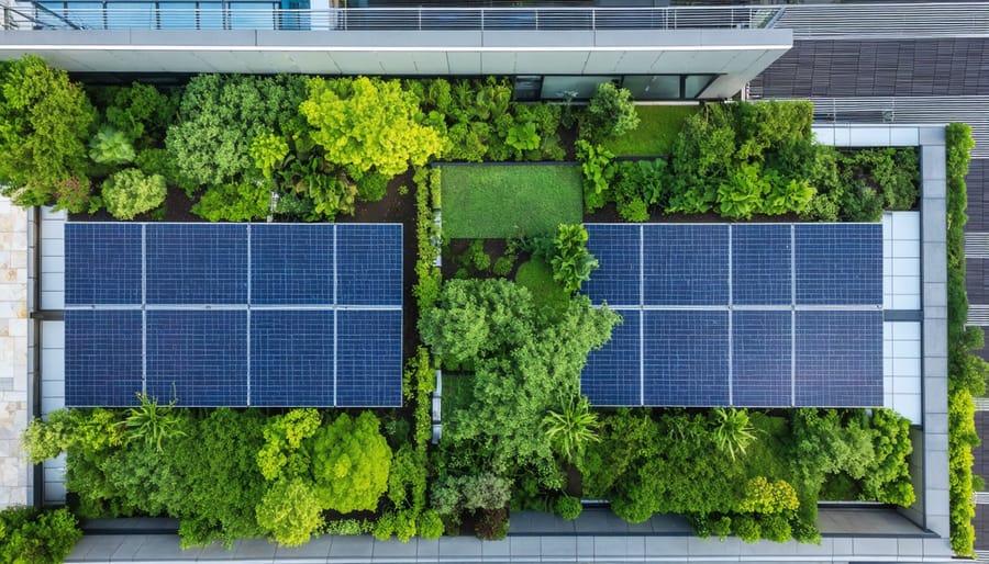 "Aerial view of a modern building's rooftop with integrated solar panels and green plants for sustainable architecture."