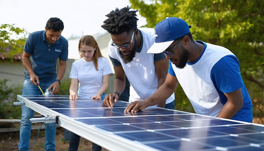 Students learning about solar panel installation in a practical workshop setting