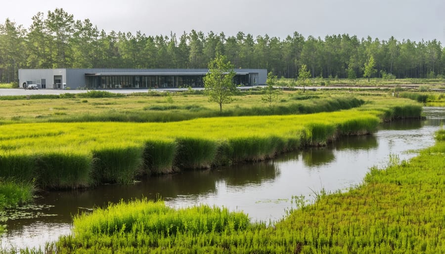 Modern bioenergy plant with natural wetland water treatment system in foreground