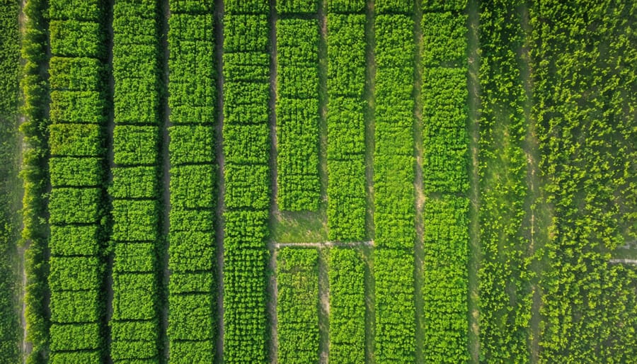 Bird's eye view of biomass crop fields showing ecological corridors and native vegetation