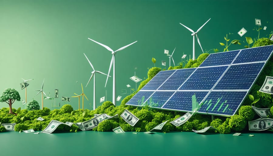 An artistic rendering of financial graphs intertwined with symbols of renewable energy, depicting the flow of capital into sustainable energy projects.