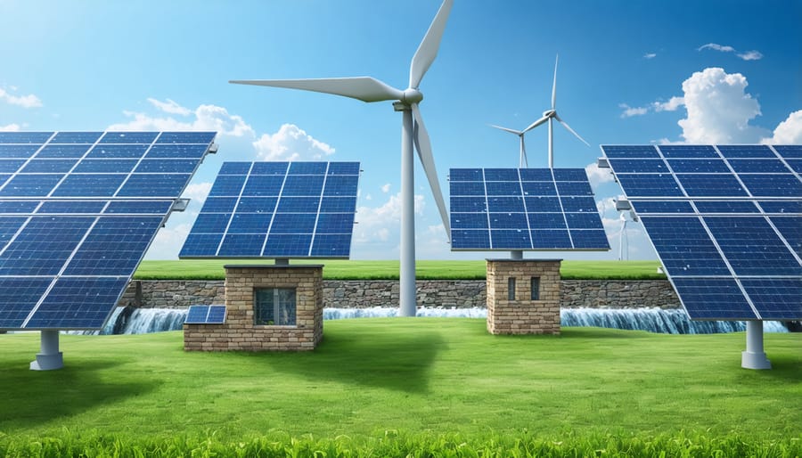 Collection of renewable energy technologies showing solar panels, wind turbines, and a hydroelectric facility