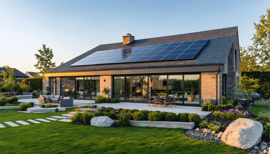 Solar panels installed on modern house roof with native garden landscaping