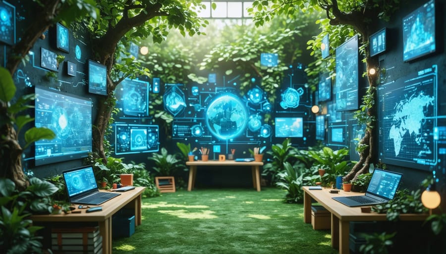Modern classroom with students using digital devices near living plant wall