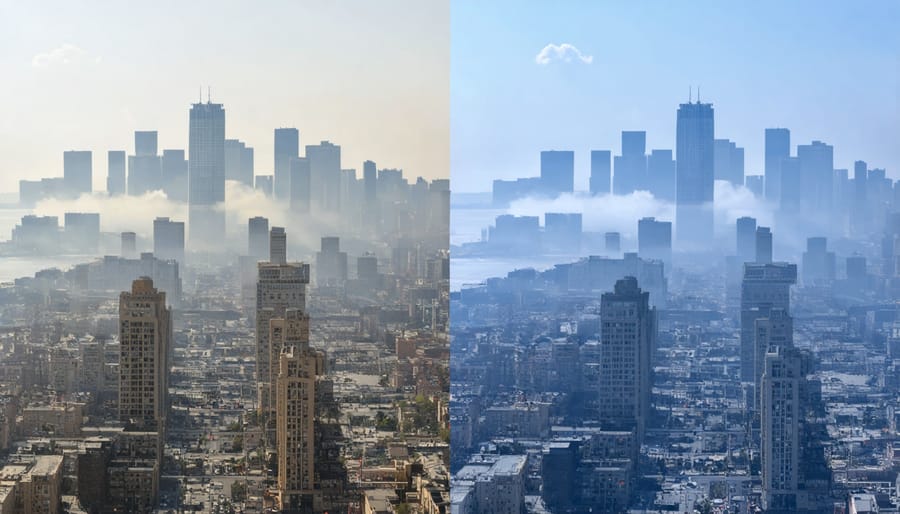 Split view of Australian city skyline showing improved air quality after biofuel adoption