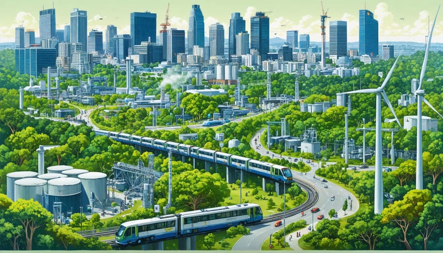 Cityscape of urban Australia showcasing the transformation with biofuel-powered transport, clean air, and integrated green spaces.