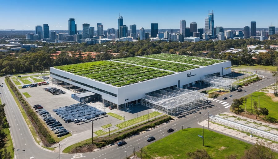 Contemporary bioenergy facility building with glass facade in urban setting