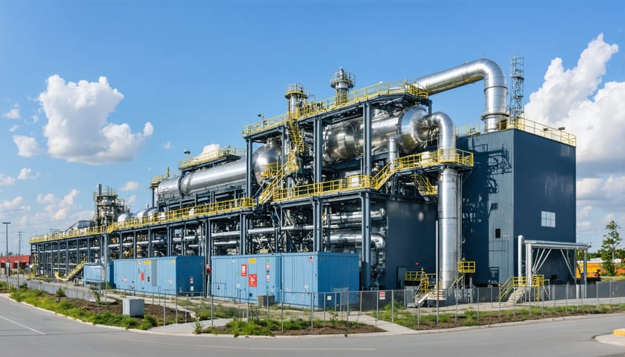 Modern industrial waste-to-energy facility exterior at sunset with steam rising from stacks