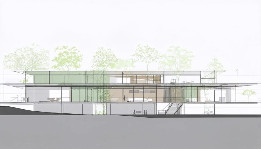 Cross-section diagram of a zero-carbon building highlighting passive design elements and natural ventilation flows
