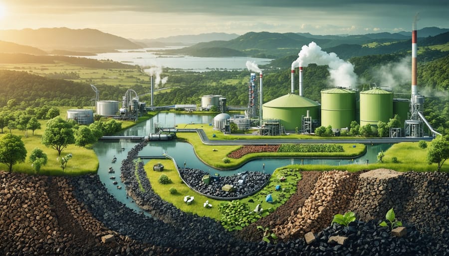 An illustration of the zero-waste circular economy in Australia, showcasing recycling facilities, biogas plants, and sustainable waste management practices against an Australian landscape.