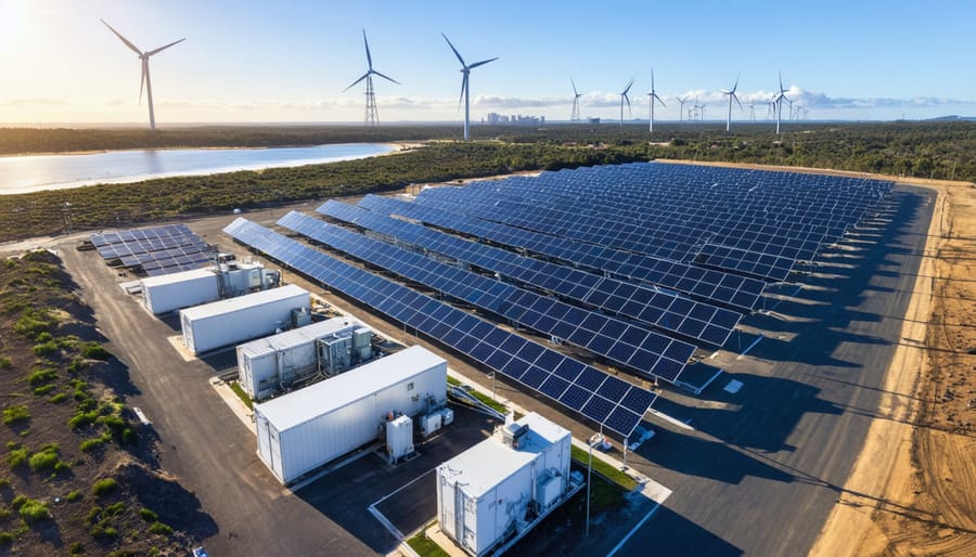 Aerial 45-degree view of modular battery containers beside a large solar farm, with wind turbines and green bioenergy digesters beyond, lit by warm golden-hour light on an Australian landscape; faint coal stack and transmission towers on the horizon.