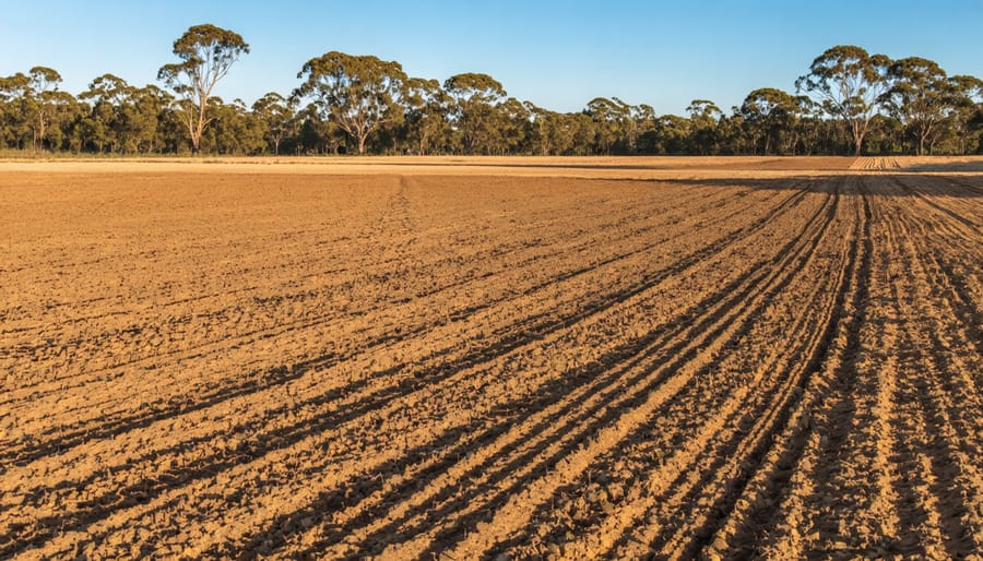 Aerial view of Australian farmland covered with wheat stubble and crop residue after harvest