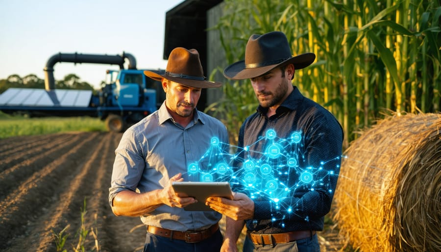 Australian farmer in an Akubra hat and a finance advisor examine a tablet with a subtle AI network glow beside biogas digester tanks and sugarcane bales at sunset, with solar panels and rural fields softly blurred in the background.