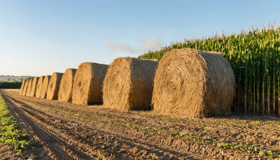 Australian biomass power plant next to stacked sugarcane and wheat straw bales in a paddock at golden hour, with eucalyptus trees, distant hills, and a light steam plume in the background.