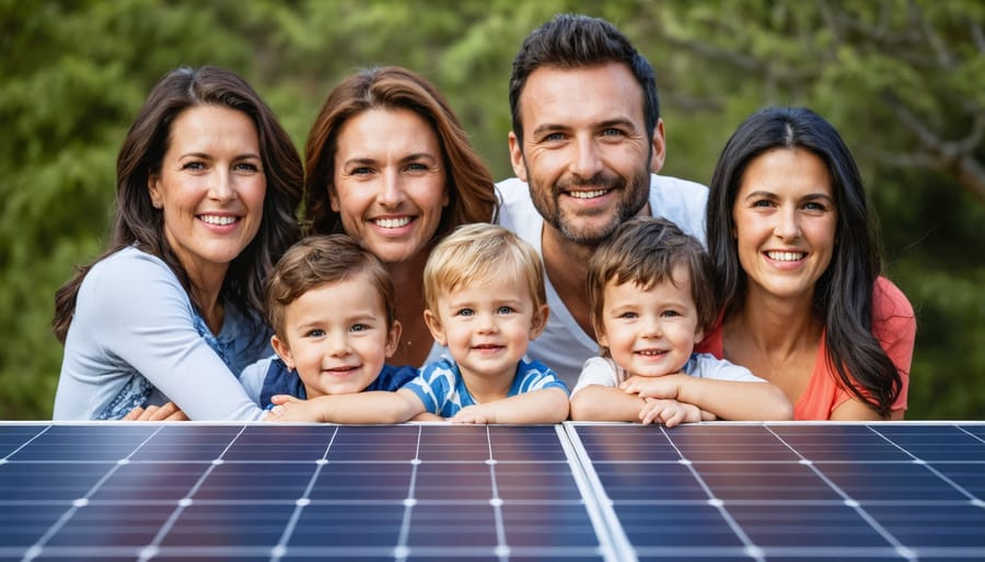 Australian family standing in front of their sustainable energy-equipped home in rural setting