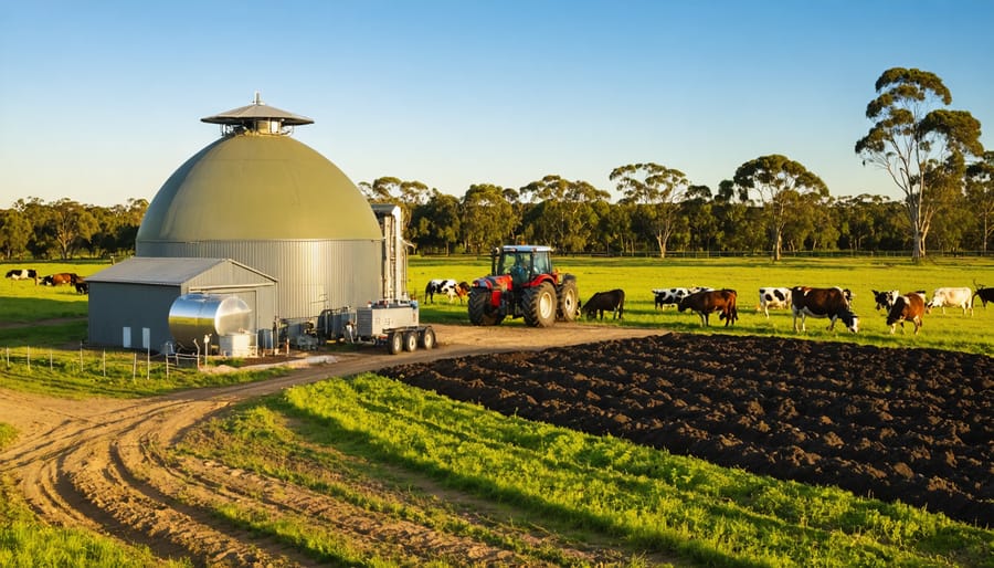 Dome-shaped anaerobic digester and generator beside a dairy barn as a tractor refuels from a metal tank while biochar is spread over furrowed fields at golden hour, with gum trees, grazing cows, and a corrugated-iron shed in the Australian countryside.