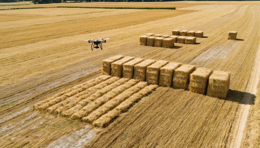 Drone with multispectral camera flying over golden stubble fields and stacked biomass bales on an Australian farm, with a bioenergy plant and eucalyptus trees in the distance at golden hour.