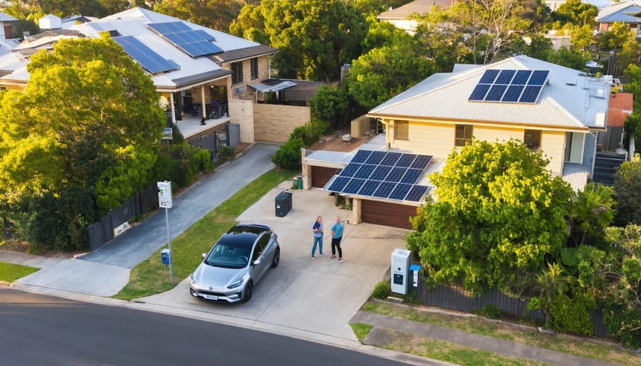 Drone view of an Australian suburban street with multiple homes using rooftop solar, a solar-topped community hall, a small community battery enclosure, and neighbors talking next to an electric car charging at the curb under warm golden-hour light.