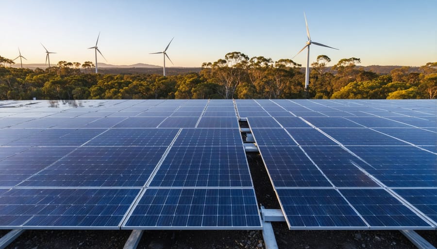 Solar panel arrays and wind turbines in Australian renewable energy facility