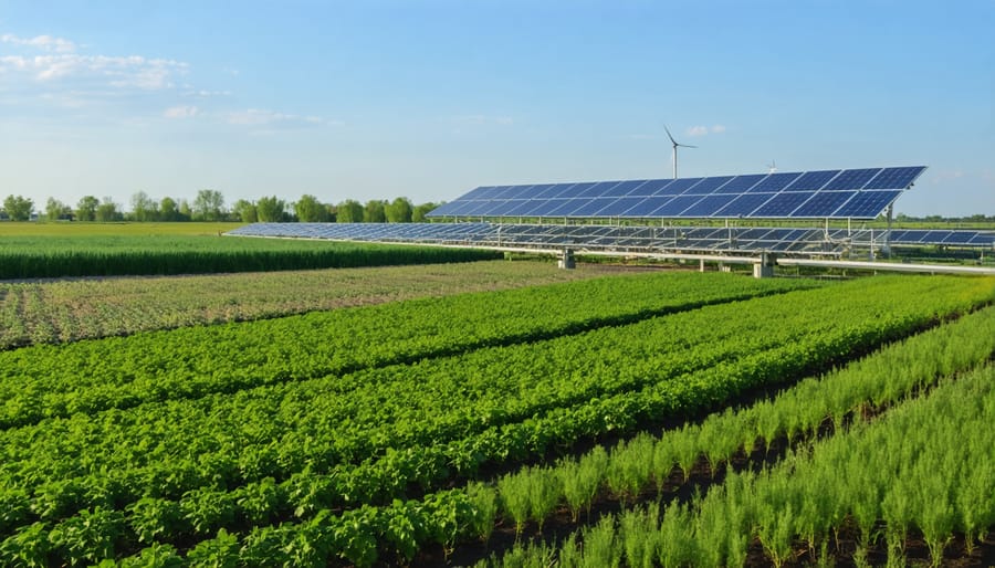 Modern bioenergy facility with digester tanks and biomass storage