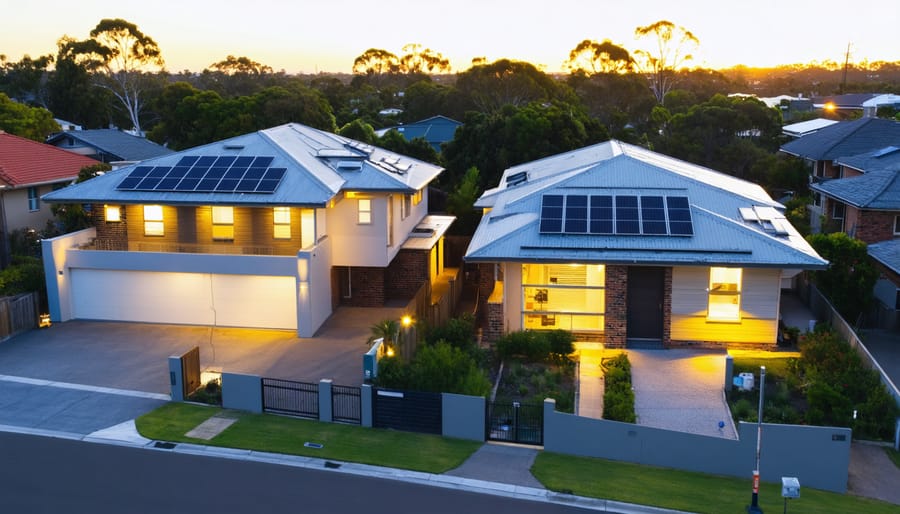 Elevated wide shot of two Australian houses with rooftop solar and a wall battery, connected by subtle glowing lines to a power pole at golden hour, symbolizing blockchain-enabled peer-to-peer energy sharing, with eucalyptus trees and a suburban street in the background
