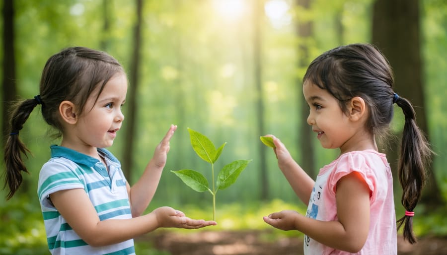 Kindergarten children acting out environmental story in school garden with arms raised mimicking growing plants
