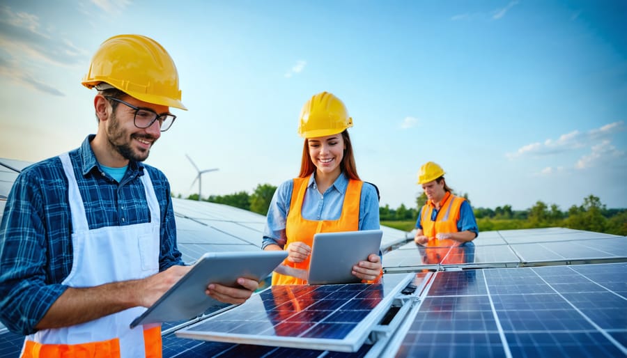 Diverse community members examining shared solar panel installation in urban garden setting