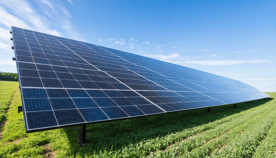 Aerial view of solar panels and wind turbines spread across farmland connecting multiple Australian rural communities