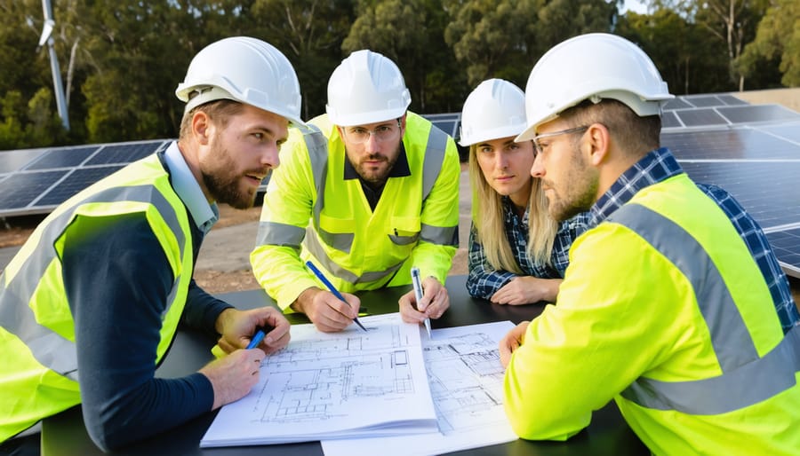 Four council professionals—an engineer in hi-vis, a planner with drawings, an environmental officer, and a finance lead—review site plans at an outdoor table, with solar panels, a small wind turbine, a biogas dome, and a battery container softly blurred in the background under warm late-afternoon light.