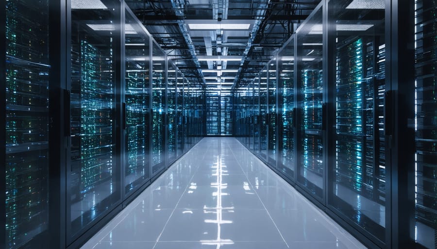 Interior view of modern data centre with illuminated server racks