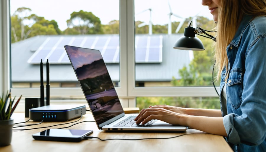 Person at a wooden desk in an Australian home office closing a laptop and switching off a power strip, with a Wi‑Fi router and phone nearby; through the window, rooftops with solar panels and distant wind turbines in soft morning light.