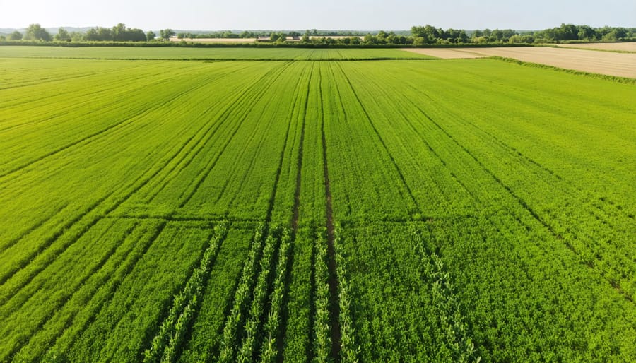 Agricultural drone with imaging equipment flying over sugarcane field for biomass assessment