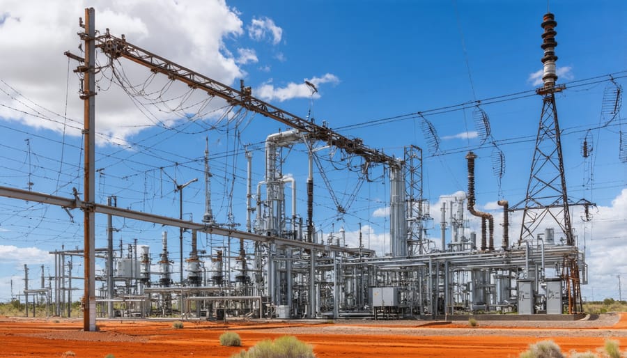 Electrical substation equipment with solar panels visible in background