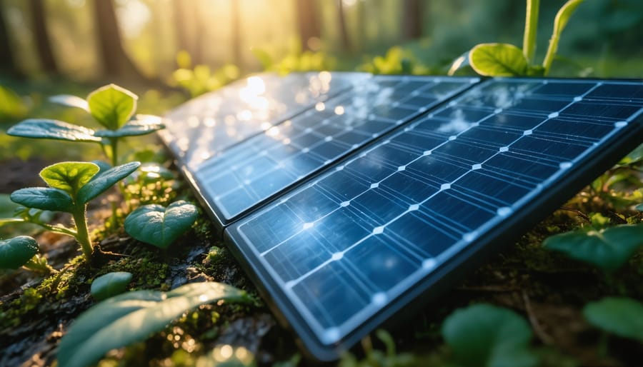 Overhead view of hands using smartphone energy tracking app with coffee on cafe table