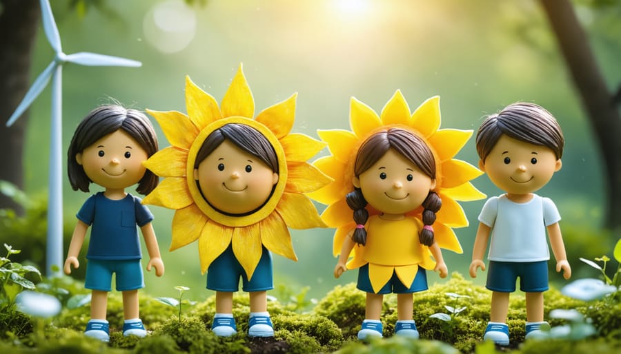 Child's hands holding handmade story puppets representing sun, wind, and nature for environmental education