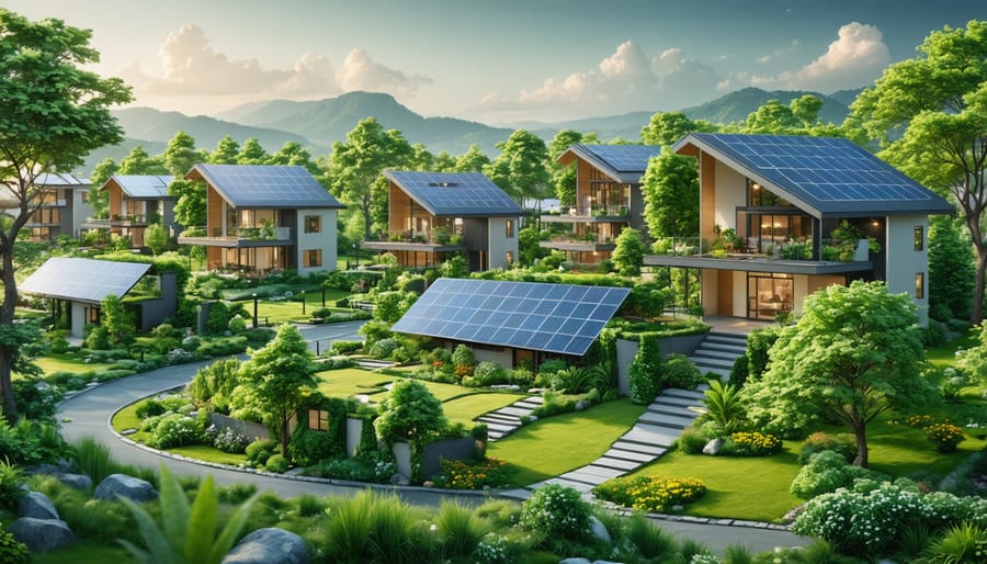 Aerial view of Australian eco-housing community with solar panels and native landscaping