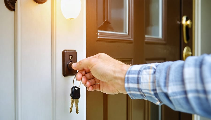 Hand switching off a wall light while holding house keys near a front door, with blurred door lock, coat hooks, and shoes in the background.