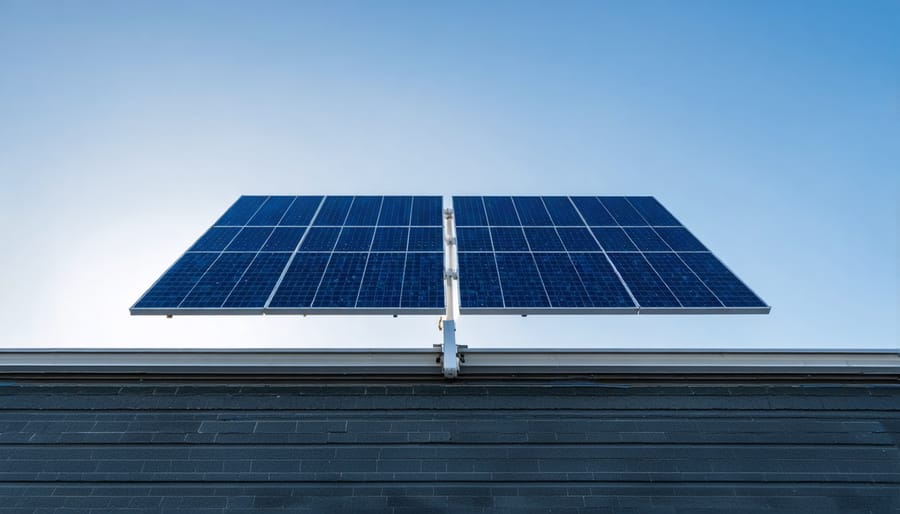 Australian family standing in front of home with solar panels on roof