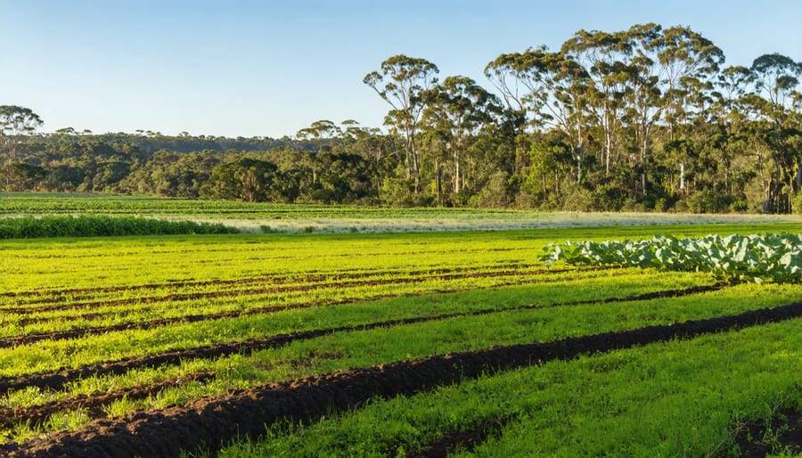 Wide view of integrated Australian farm with multiple crop types including biomass production areas